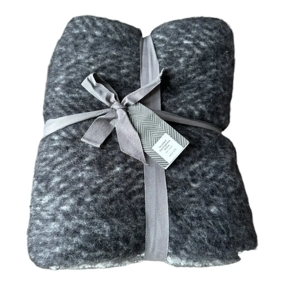NWT West Elm Brushed Herringbone Throw Black /Cream 50”x70”